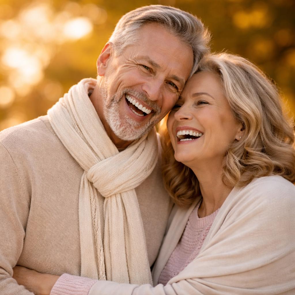 Pareja de adultos mayores sonriendo y abrazados mientras disfrutan un momento al aire libre