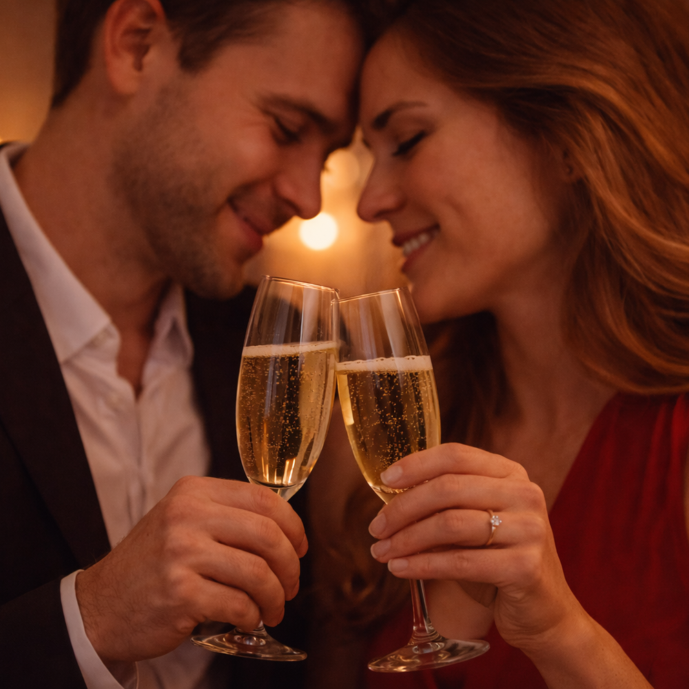 Pareja brindando con copas de espumante en un ambiente romántico y cálido