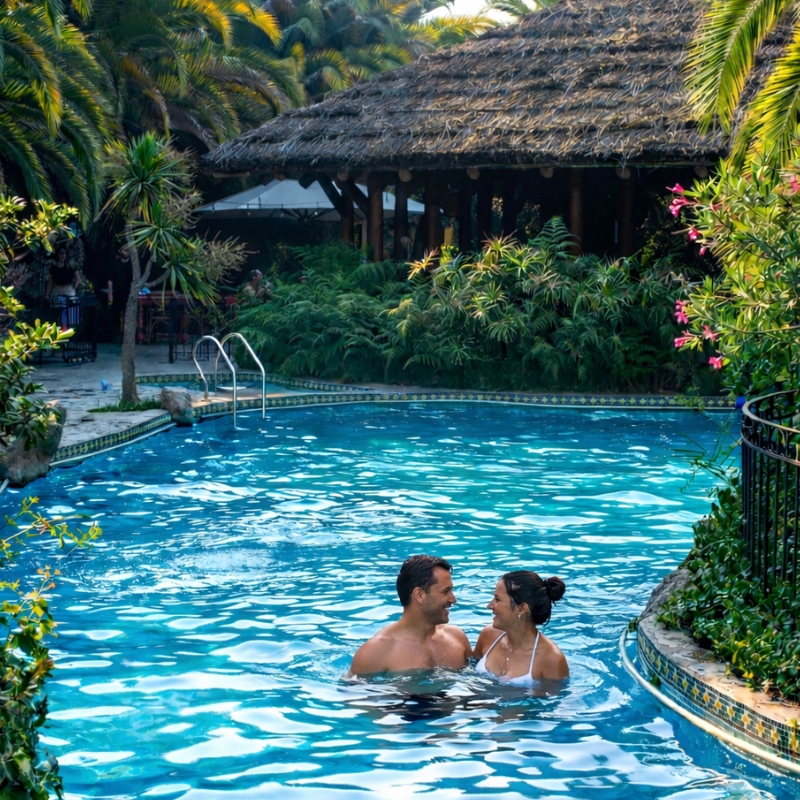 Pareja disfrutando en piscina del Hotel Santa Cruz