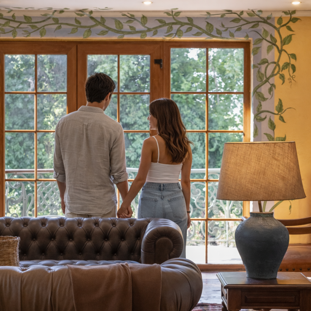 Pareja tomada de la mano frente a un ventanal con vista a la naturaleza, en una habitación cálida y elegante con decoración clásica.